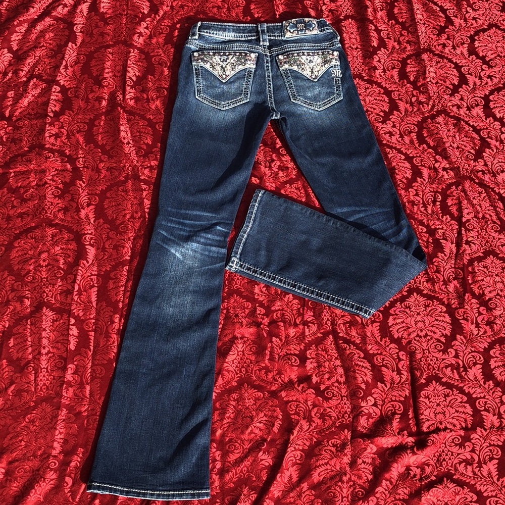 Miss Me Sz 26 bootcut multicolored embellished pocket jeans & logo, see video!